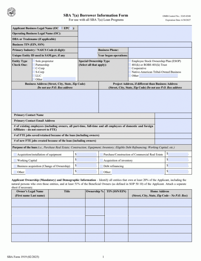 SBA 7(a) Borrower Information Form